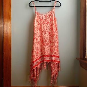 Lagaci Large red and pink floral print dress / tunic with tassels